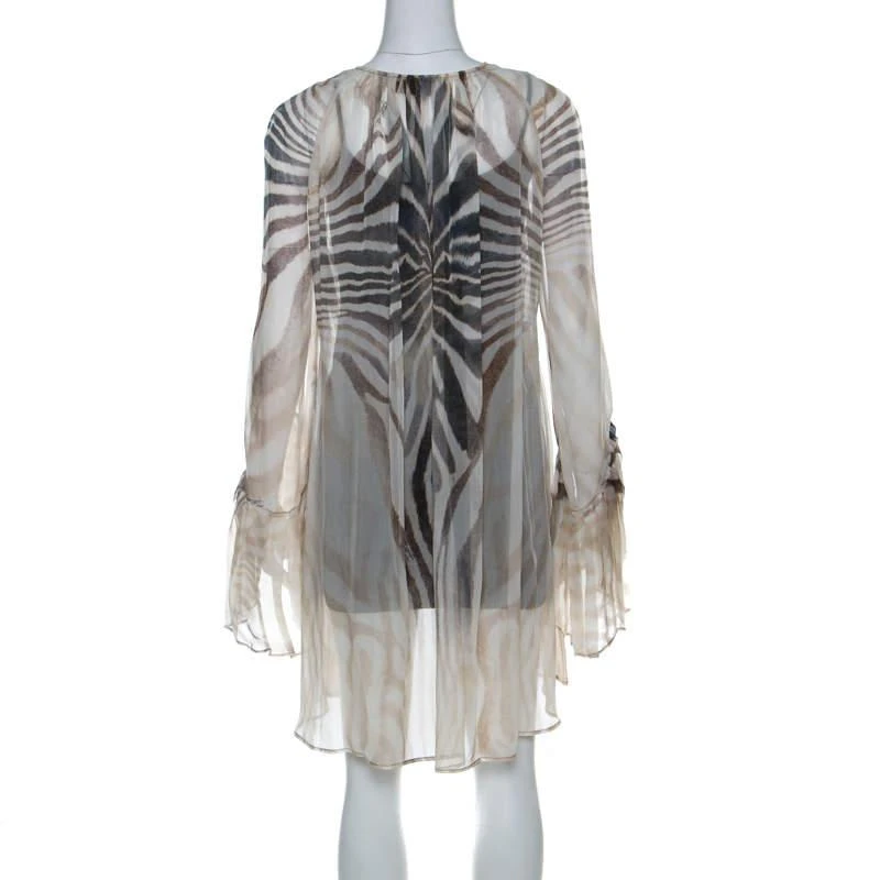 Just Cavalli Just Cavalli Cream and Grey Tiger Printed Silk Tie Front Sheer Dress L  3