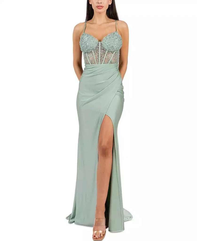 B Darlin Juniors' Strappy Sequinned-Lace Illusion-Corset Maxi Dress 1