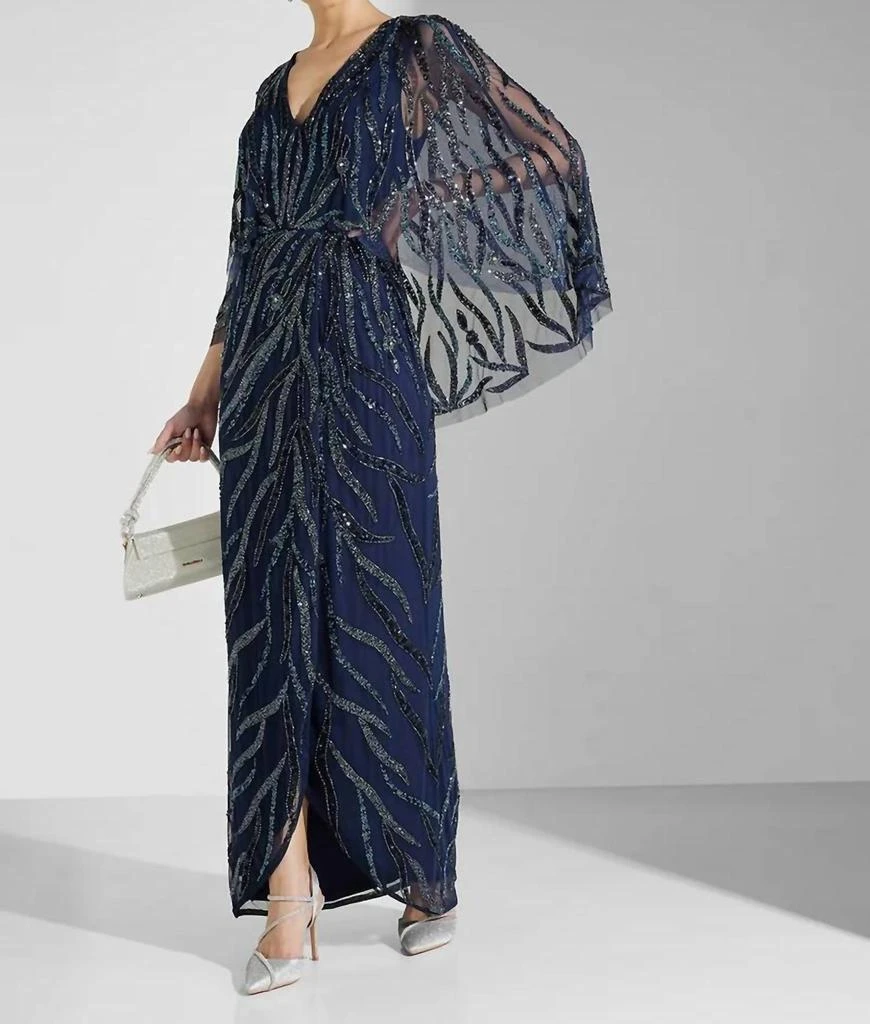 Aidan Mattox V-Neck Beaded Evening Gown In Navy Blue