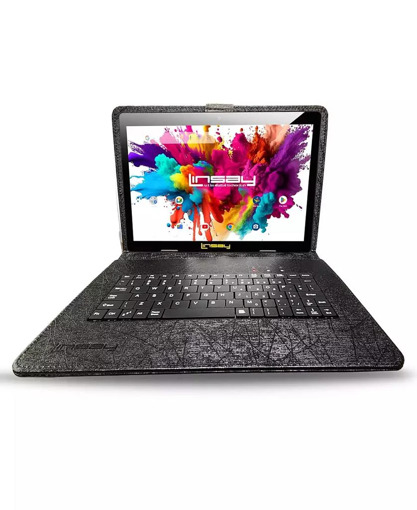 LINSAY New 10.1" Tablet Octa Core 128GB Newest Android 15 Premium Bundle with Deluxe Black Leather Keyboard Case Briefcase and Pen Stylus 3