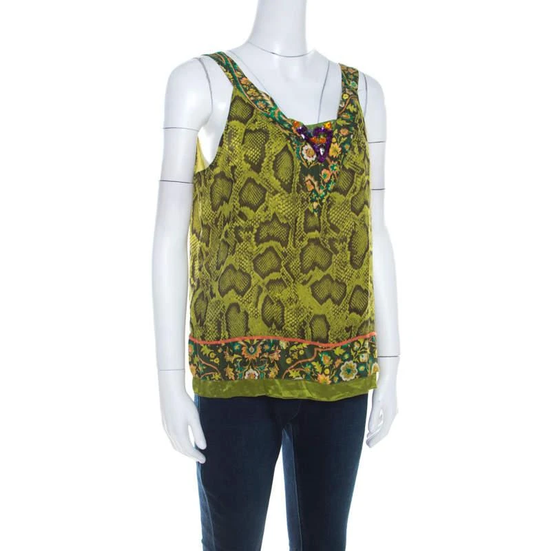 ETRO Etro Lime Green Snakeskin Print Silk Embellished Sleeveless Top L 2