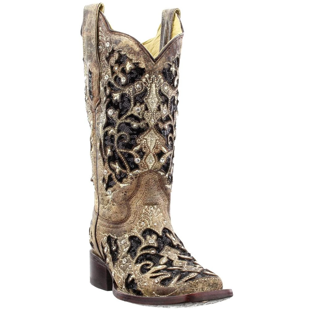 Corral Boots Sequined Tooled-Inlay Square Toe Cowboy Boots 2