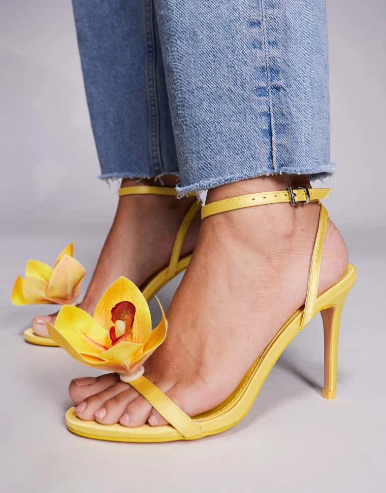 Public Desire Public Desire Smitten satin lily flower barely there high heels in yellow 3