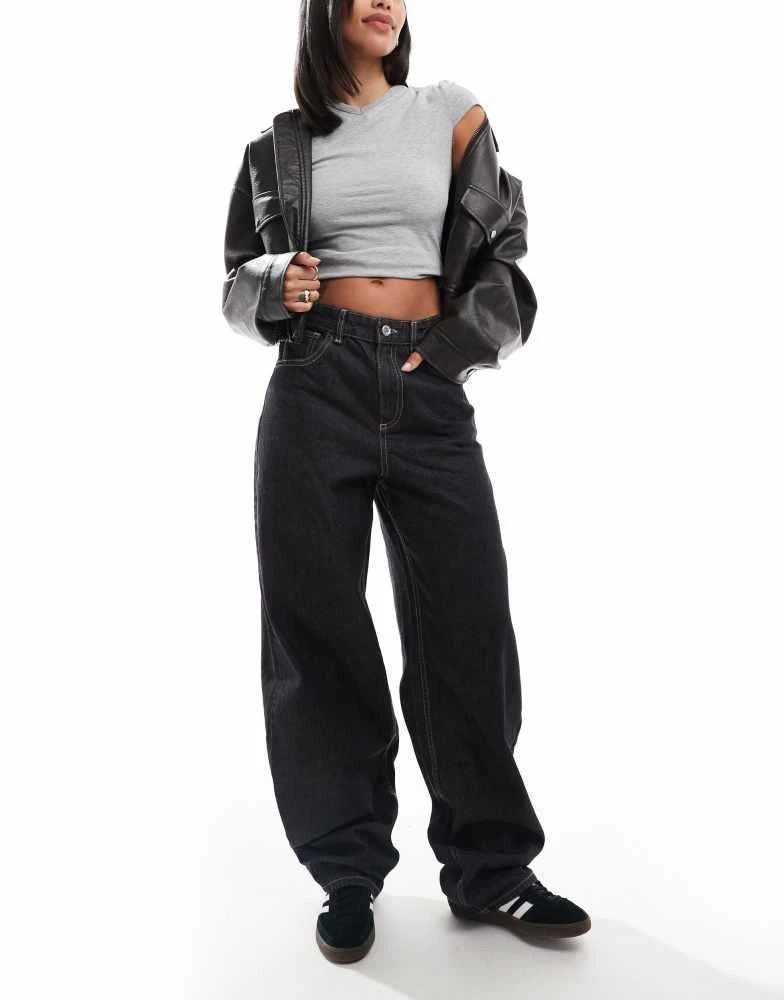 Bershka Bershka ultra wide leg contrast stitch jeans in black 1