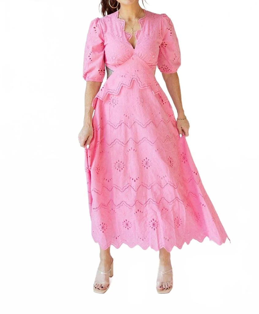 chinese dress ladies Eyelet Stripe Lace Strapless Midi Dress for Women in Pink main image 1