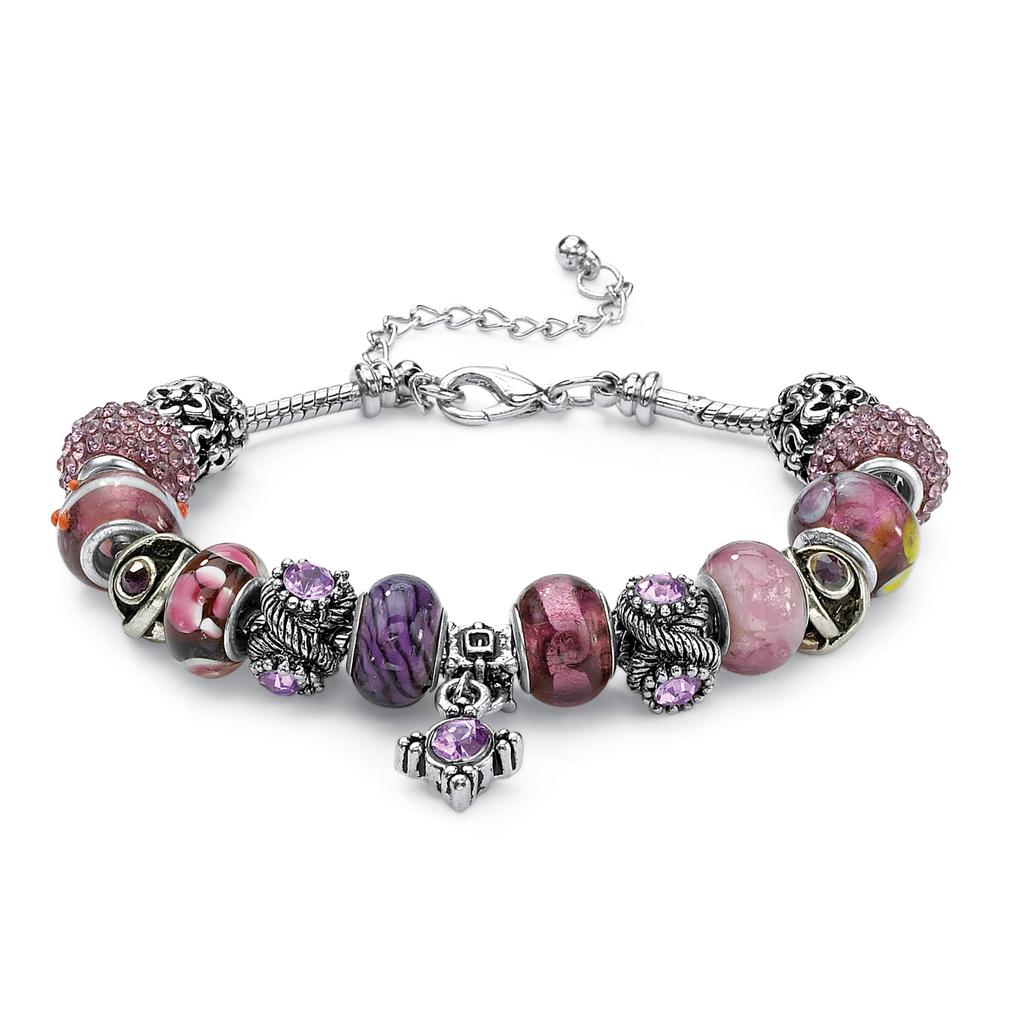 Palm Beach Jewelry Round Purple Crystal Silvertone Bali-Style Beaded Charm and Spacer Bracelet 8"