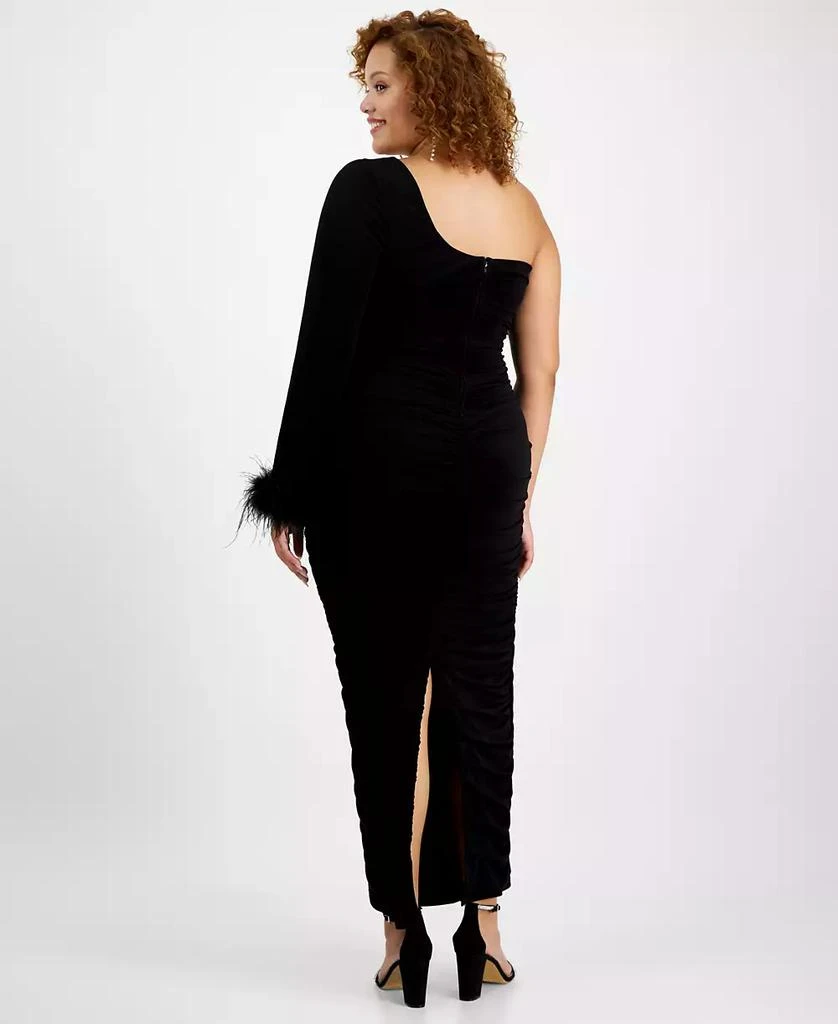 City Studios Trendy Plus Size One-Shoulder Feather-Cuff Gown 2