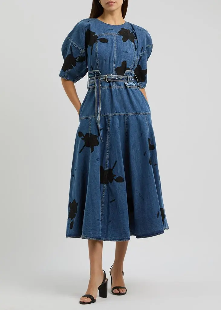 LOVEBIRDS Floral-appliqued belted denim midi dress 4