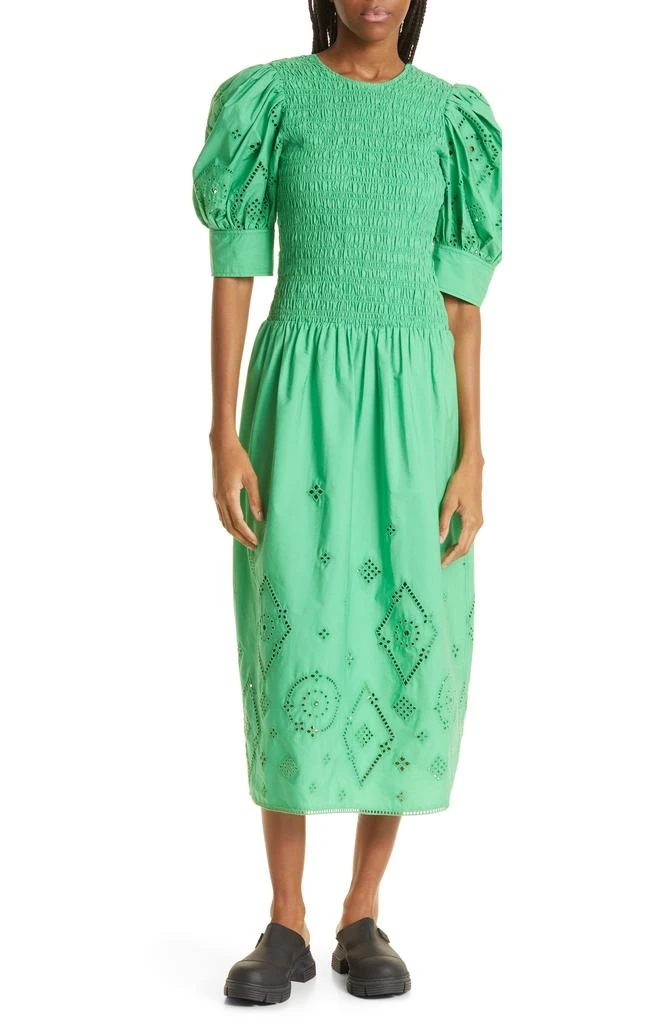 Ganni Eyelet Detail Puff Sleeve Organic Cotton Midi Dress 1