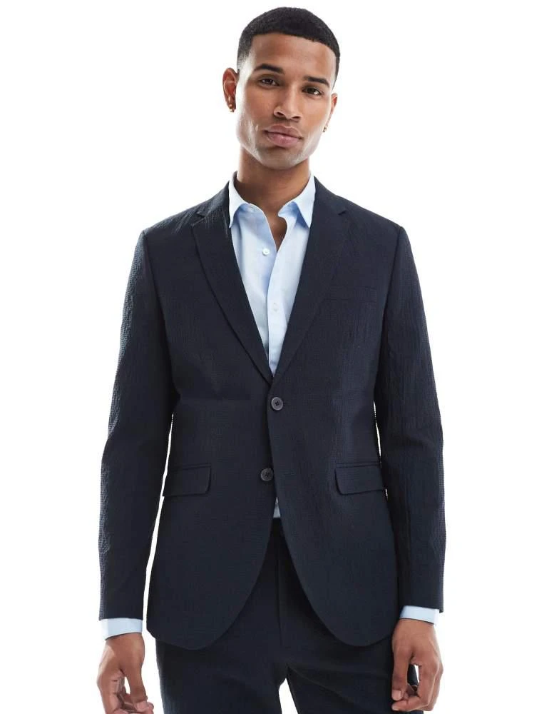 Jack & Jones Jack & Jones Premium seersucker suit jacket in navy 1