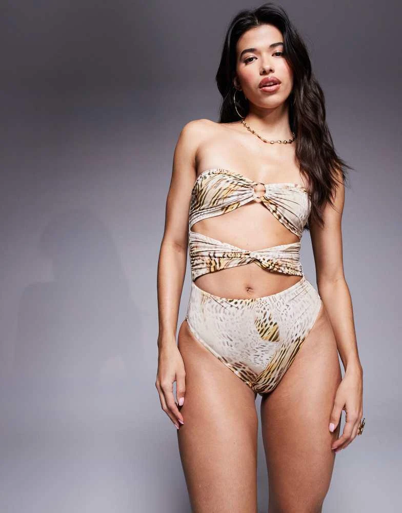 ASOS ASOS DESIGN Brooke twist front bandeau swimsuit with hardware in leopard print 1
