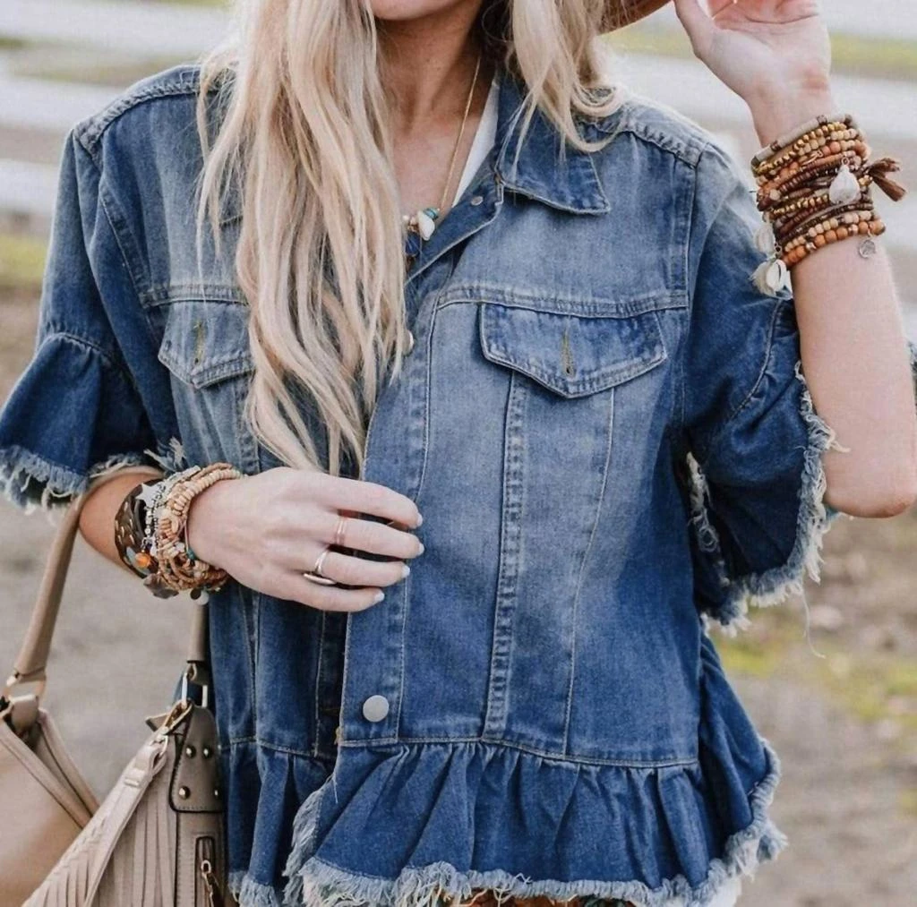 Aapparella Aapparella - Raw Edge Ruffled Short Sleeve Jacket