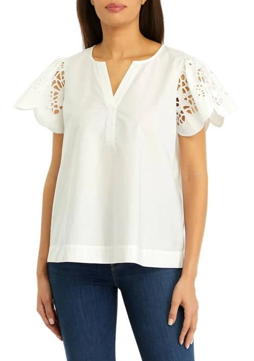 Crown & Ivy™ Ivy Womens Solid Embroidered Sleeve Top 1