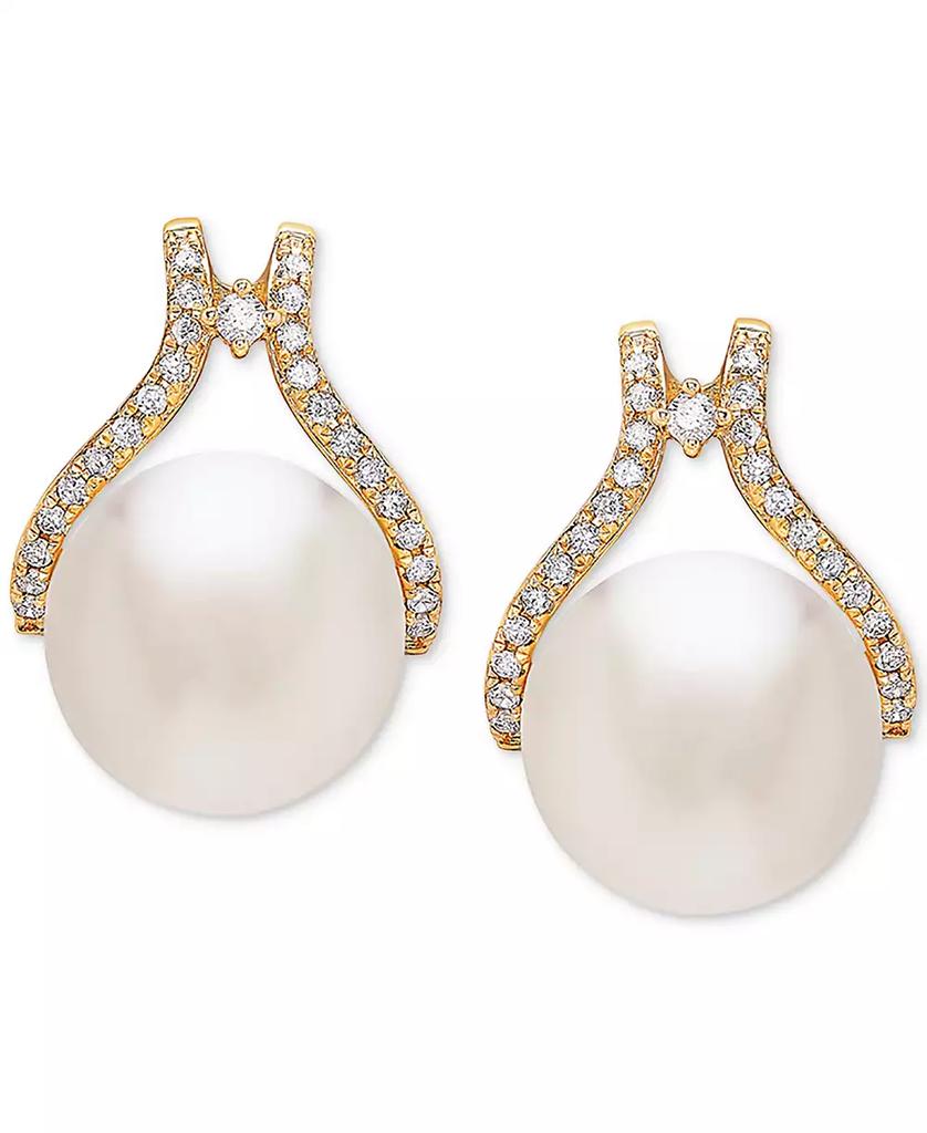 Honora Cultured White Ming Pearl (12mm) & Diamond (1/3 ct. t.w.) Stud Earrings in 14k Gold