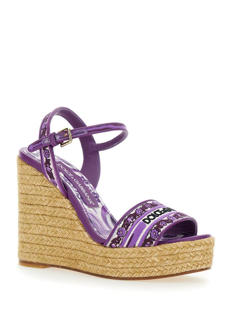 Dolce & Gabbana Violet Wedges With Logo Embroidery On The Front And All-Over Majolica Motif In Cotton Blend Woman