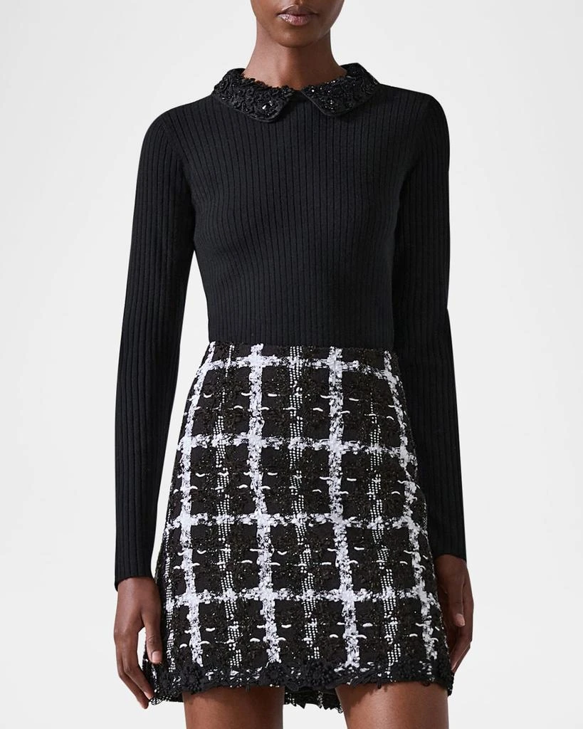 Carolina Herrera Removable Lace Collar Long-Sleeve Rib Sweater 4