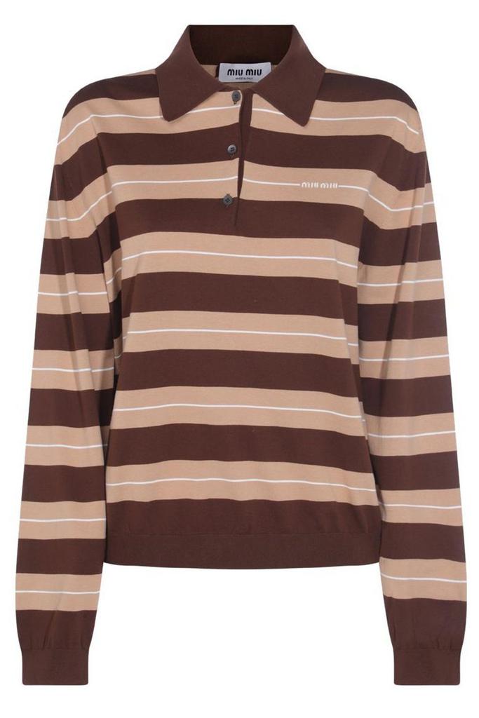 Shop Miu Miu Long-Sleeved Knitted Striped Polo Shirt on Sale at