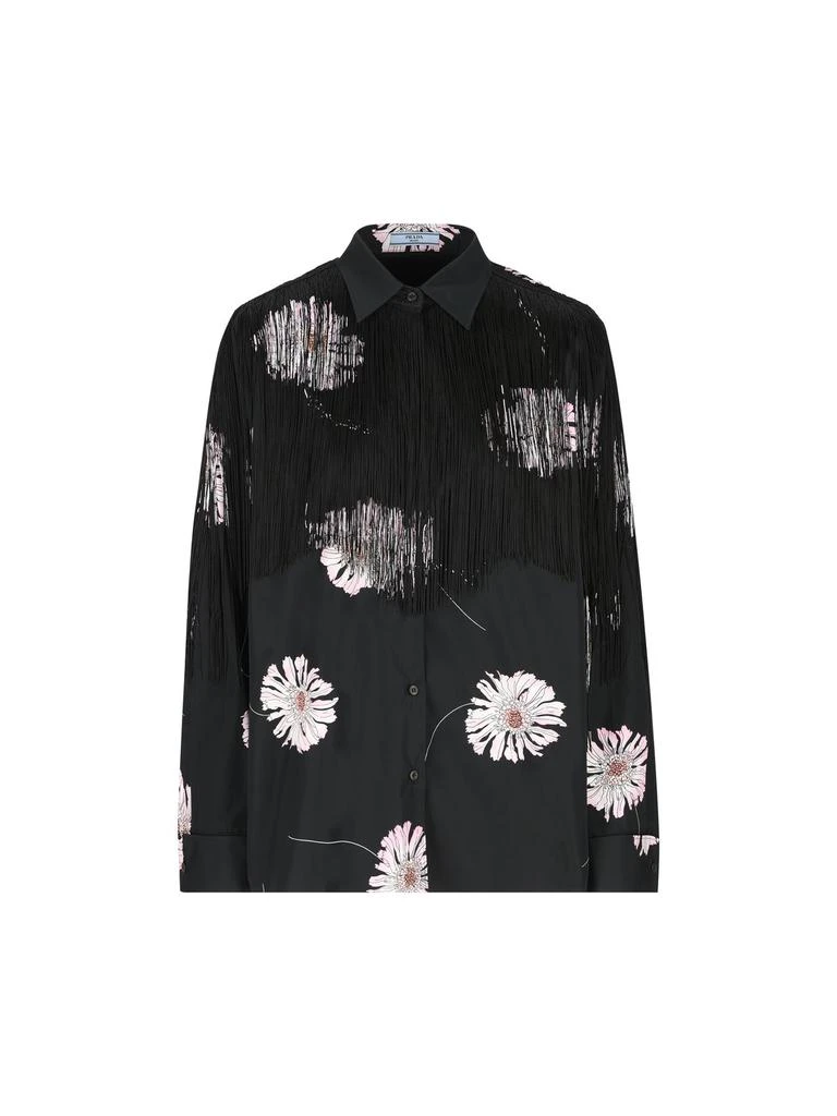 Prada Prada Rose-Printed Long-Sleeved Fringed Shirt