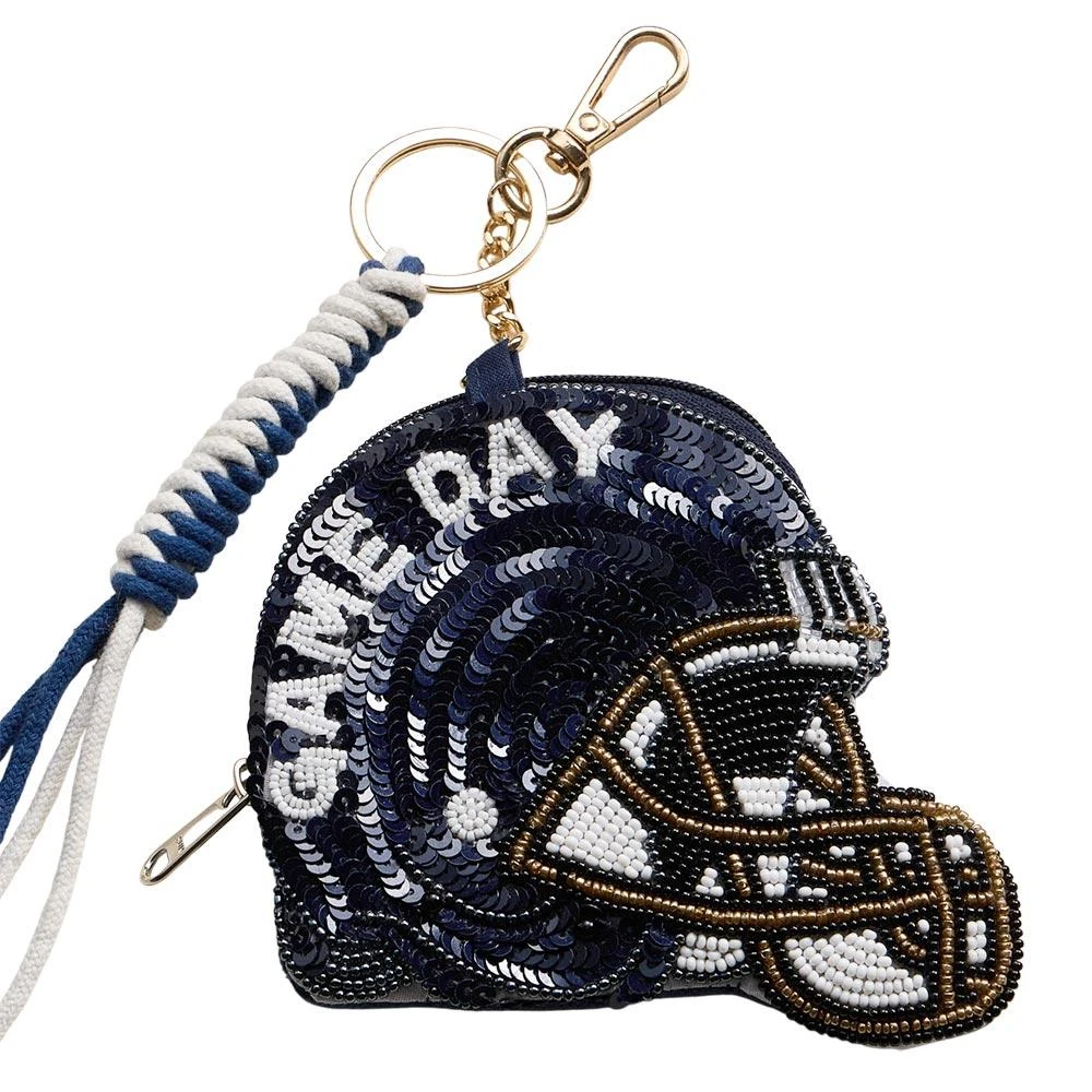 FASHNZFAB PENN STATE GAME DAY Football Helmet Sequin Seed Beaded Knot Keychain Mini Pouch Bag 3