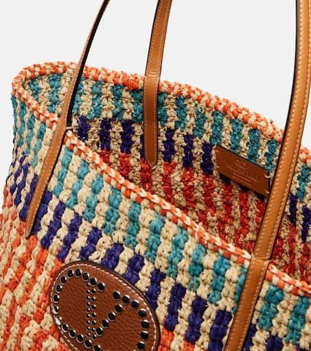 Valentino VLogo leather-trimmed raffia tote bag 3