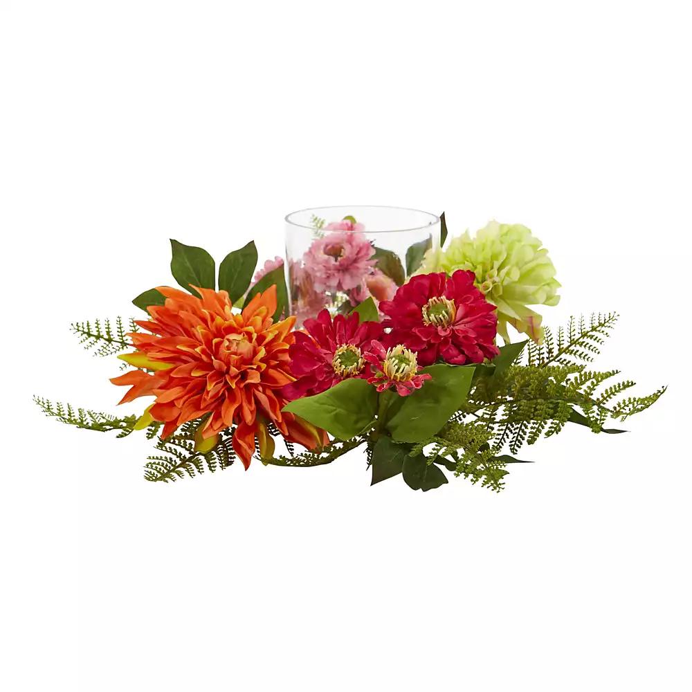 NEARLY NATURAL 17" Mixed Floral and Dahlia Candelabrum
