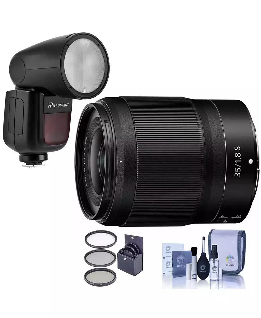 Nikon NIKKOR Z 35mm f/1.8 S Lens, Bundle with Flashpoint Zoom Li-on X R2 TTL On-Camera Round Flash Speedlight, 62mm Filter Kit, Cleaning Kit