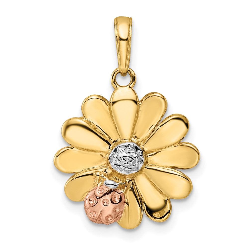 Diamond2Deal 14k Yellow Gold Diamond-cut Ladybug on Flower Pendant
