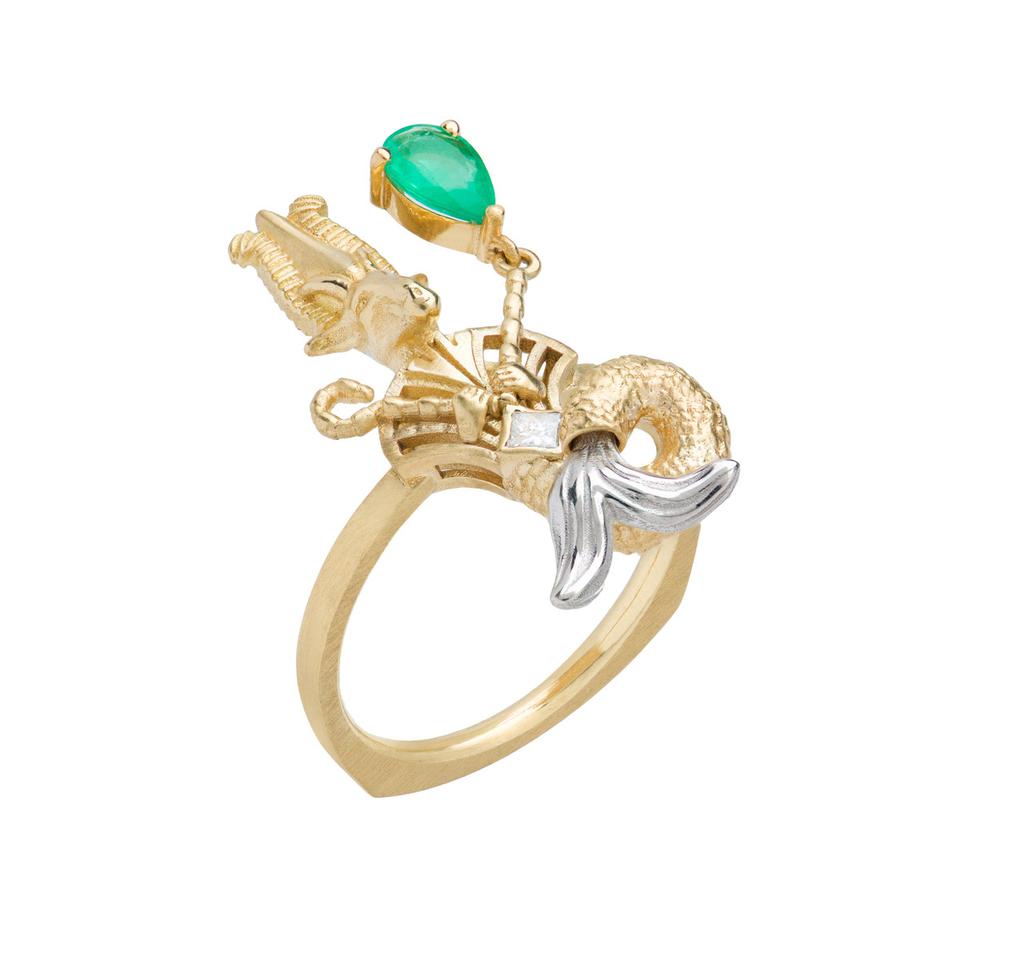 Mozafarian Emerald and diamond capricorn ring