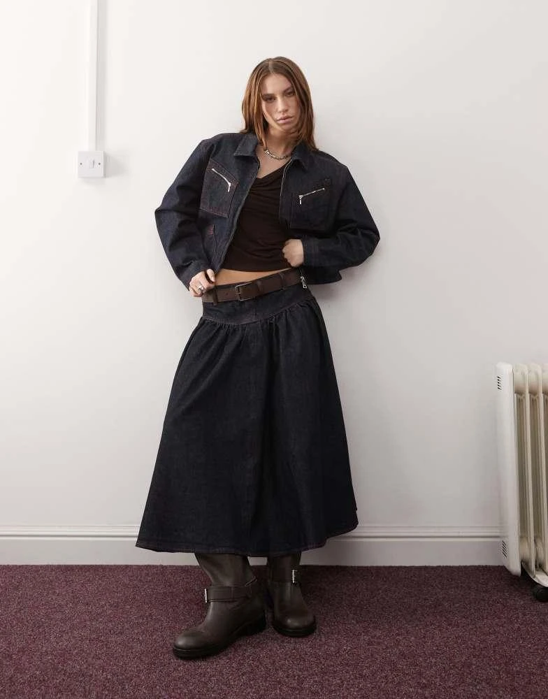 COLLUSION COLLUSION denim drop waist midi skirt co-ord in rinse wash 1