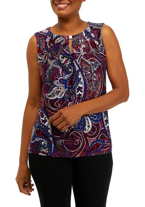 Kasper Womens Sleeveless Pleat Neck Paisley Print Top 1