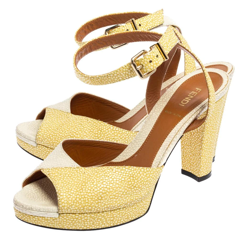 Fendi Fendi White/Yellow Stingray Embossed Leather Ankle Strap Platform Sandals Size 38.5 4
