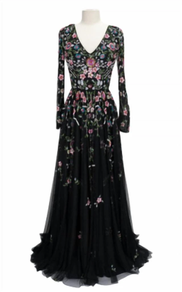 Paul Rekhi Women
s Long Sleeve Floral A-Line Gown In Black/multi