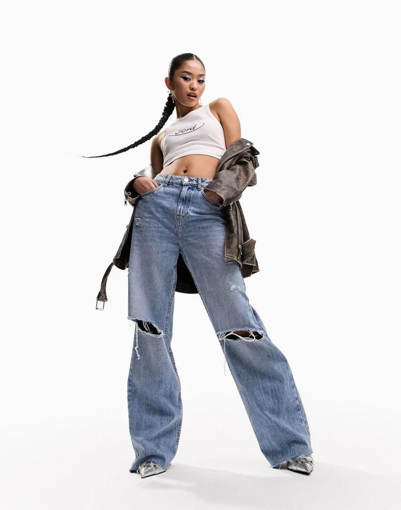ASOS ASOS DESIGN wide leg dad jeans with rips in mid blue 3
