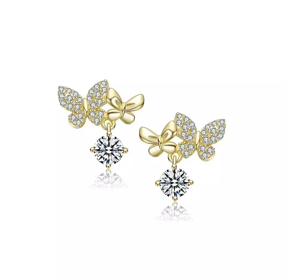 Rachel Glauber Round CZ Double Butterfly Stud Earrings in 14K Gold Plated 2