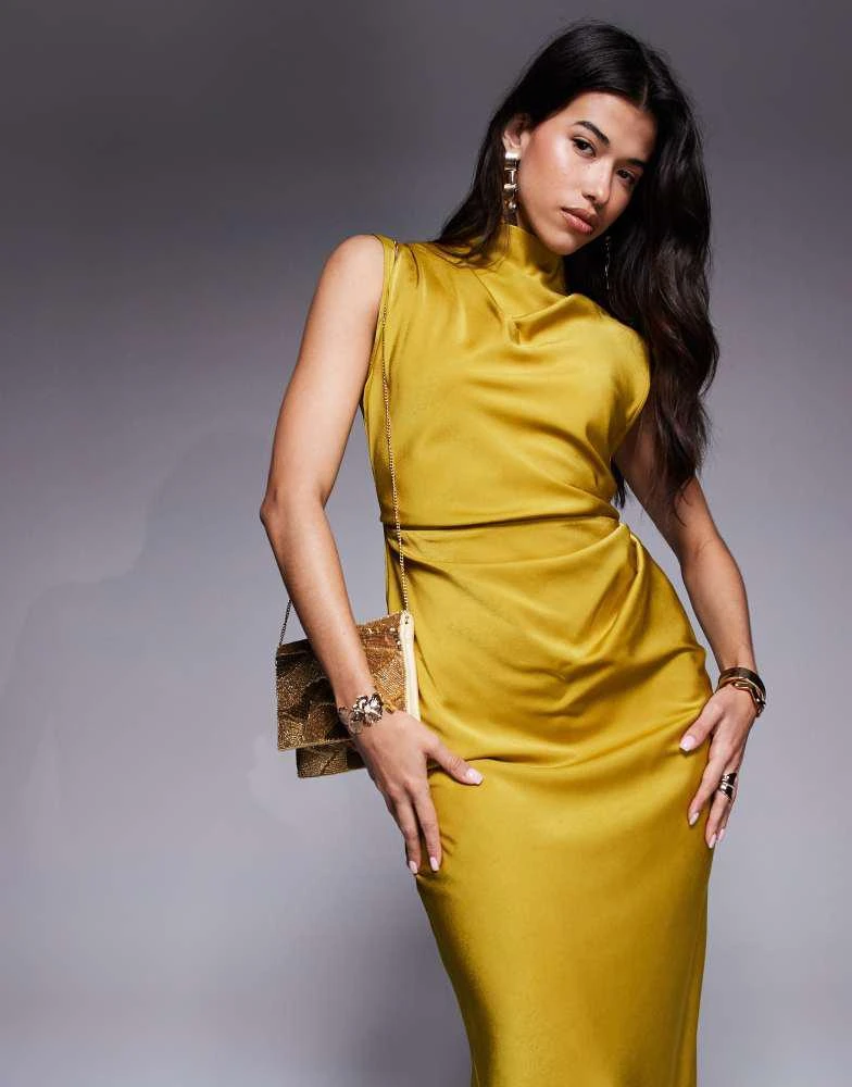 asos formal dresses sale ASOS Design satin high neck pleated bodice midi dress in chartreuse-Green