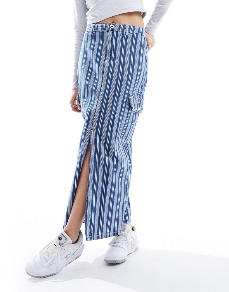 Pieces Pieces denim maxi skirt with cargo pockets in blue stripe