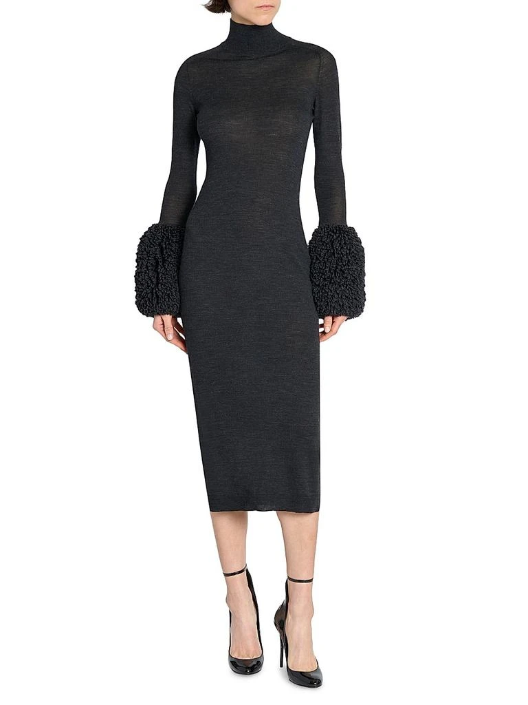 Alaïa Turtleneck Wool Fringe-Cuff Midi-Dress 2