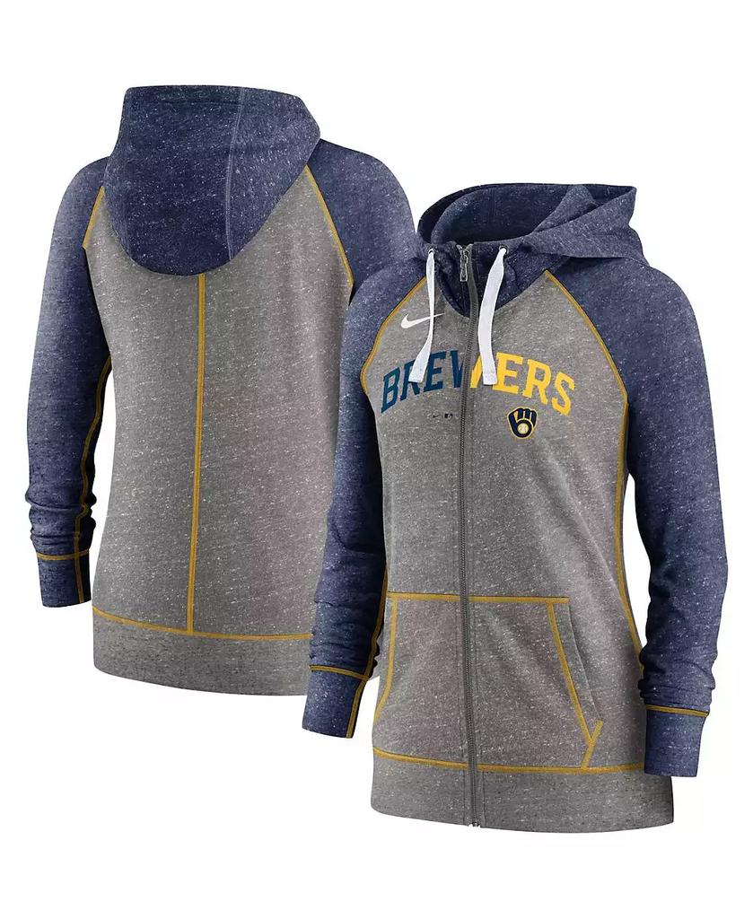 NIKE Women's Heathered Charcoal, Navy Milwaukee Brewers Split Wordmark Gym Vintage-Like Raglan Full-Zip Hoodie