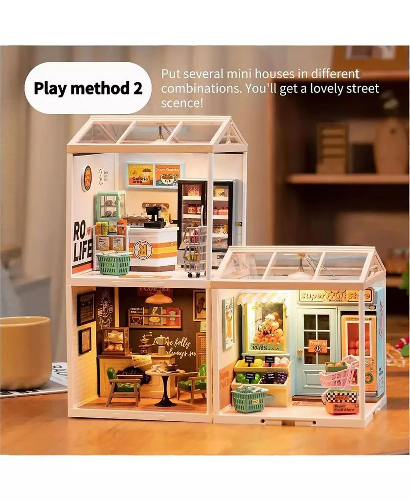 Robotime Plastic House Building Set Toy DIY Miniature Dollhouse Playset with LED for Mini Figures Construction Toys Diorama Kit Gifts for Adults 2