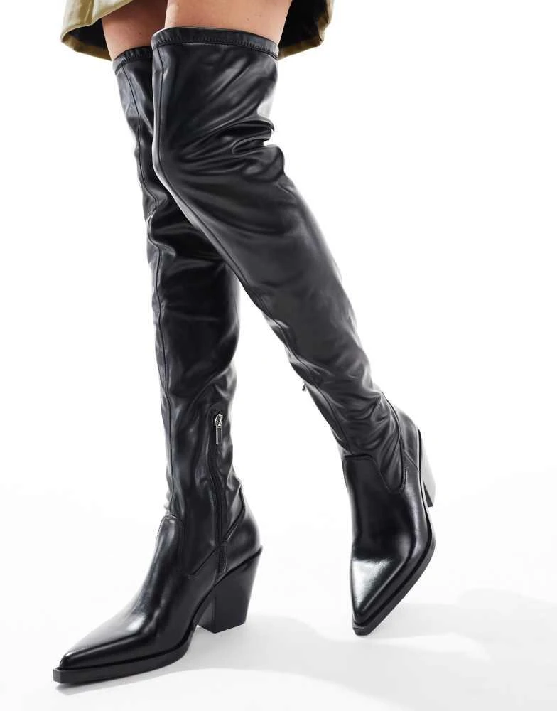 Bershka Bershka over the knee faux leather heeled boots in black 3