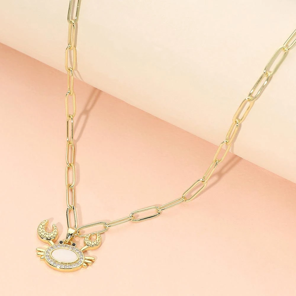 FASHNZFAB Stainless Steel Mother of Pearl CZ Stone Paved Crab Charm Pendant Paperclip Chain Necklace 4