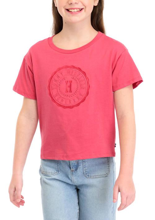 Tommy Hilfiger Hilfiger Girls 7 16 Embroidered Crest Short Sleeve Boxy T Shirt