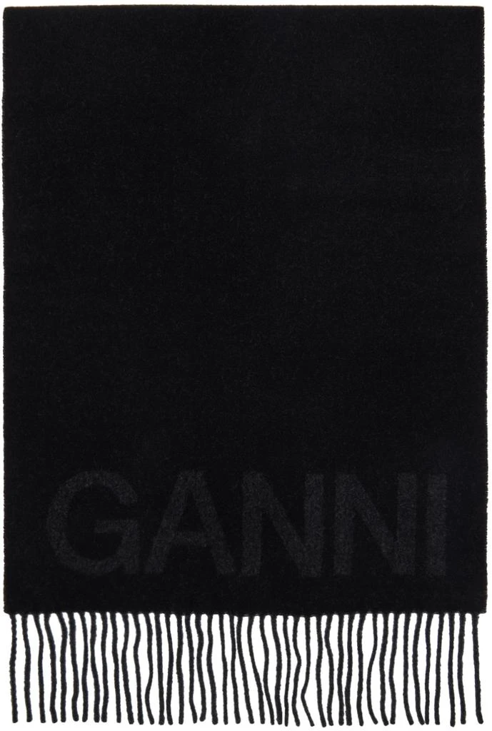 Ganni Black Fringed Wool Scarf 1