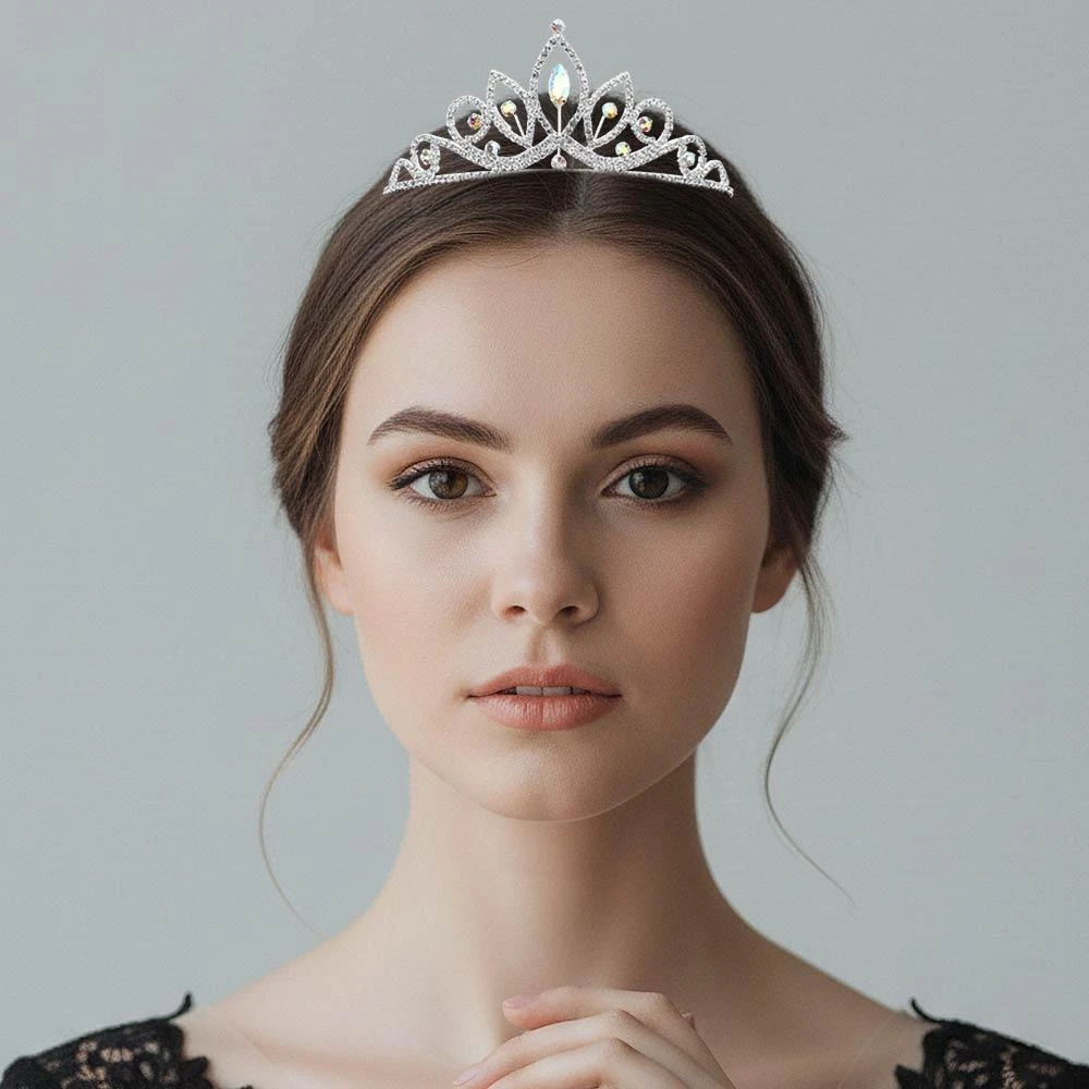 FASHNZFAB Marquise Stone Cluster Centered Rhinestone Pave Princess Tiara 5