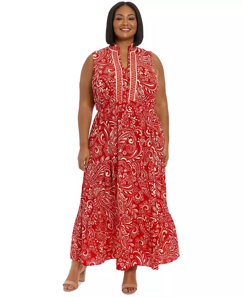 London Times Plus Size Ruffled-Neck Tiered Maxi Dress