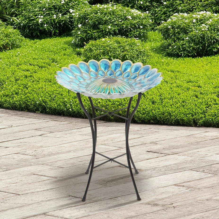 Teamson Home 18" Outdoor Solar Glass Flower Mosaic Birdbath with LED Lights and Stand 3