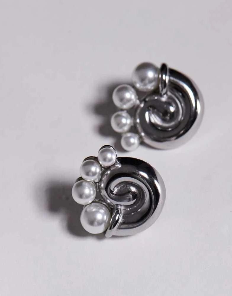 8 Other Reasons 8 Other Reasons swirl chunky earrings with pearl detail in rhodium plated 2