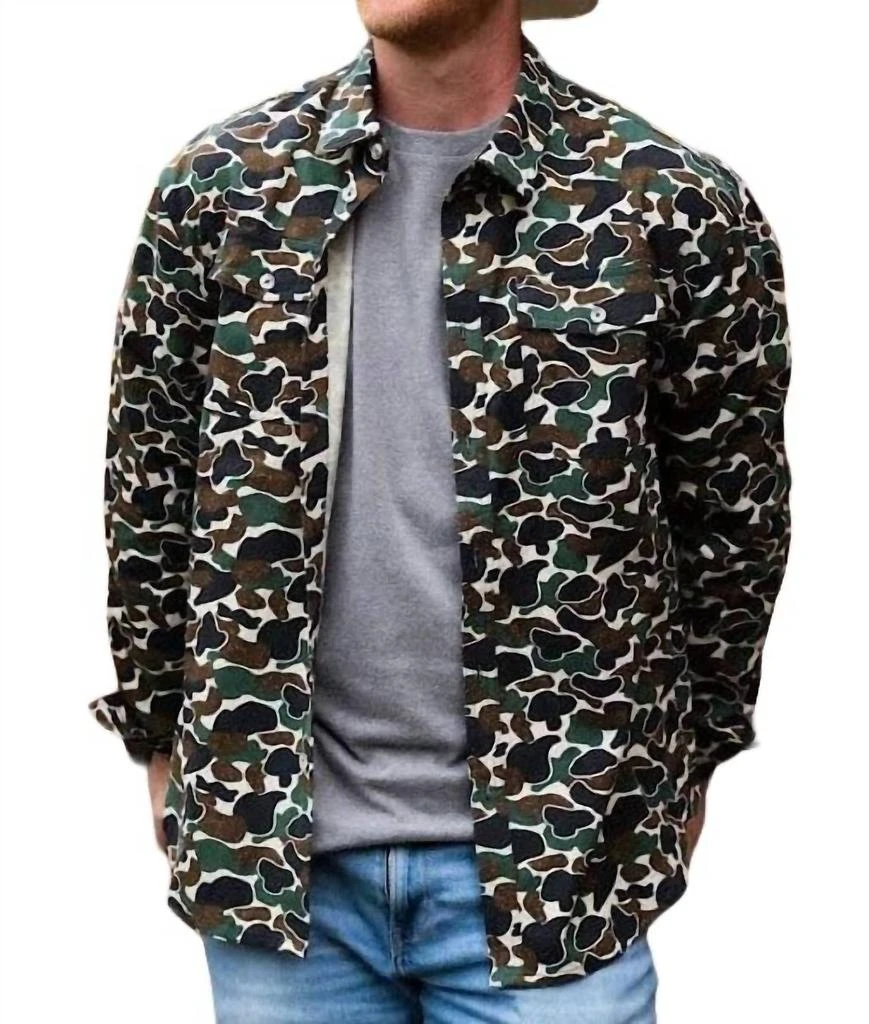 BURLEBO Cotton Twill Button Up Shirt In Throwback Camo 1