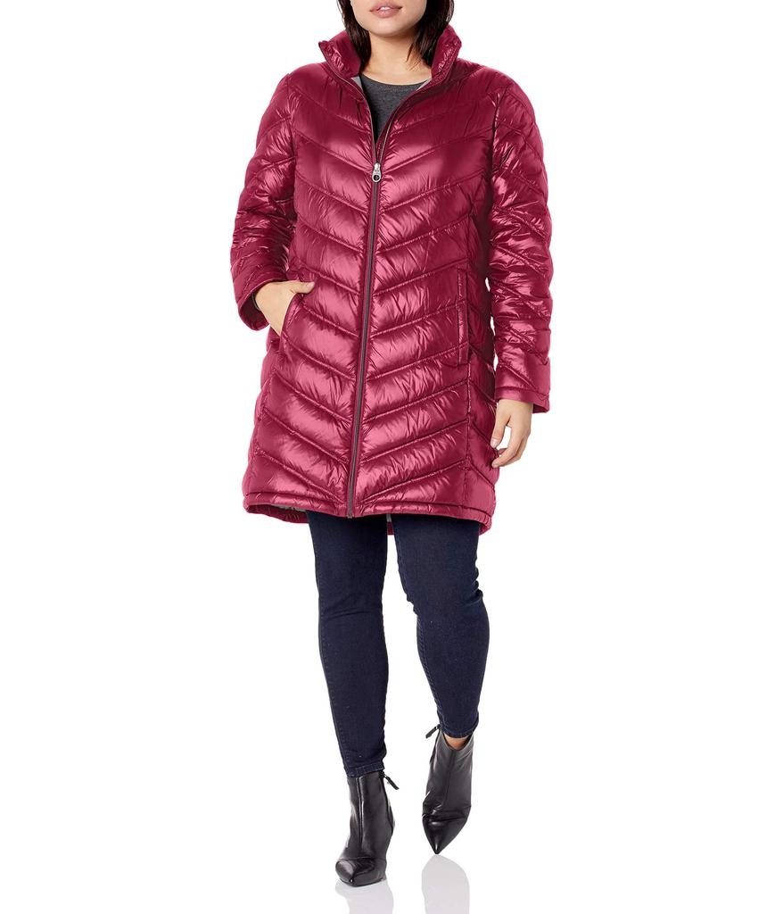 Calvin Klein Women s Hooded Chevron Packable Down Jacket Standard and Plus Women s Coat Shine Berry 0X Nylon Down