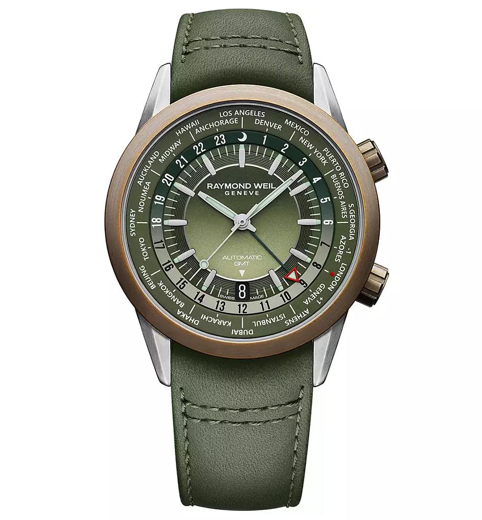 Raymond Weil Men's Swiss Automatic Freelancer GMT Green Leather Strap Watch 41mm